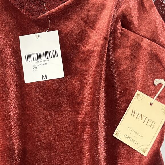 Velvet and Lace Tank Top Womens Medium Red V Neck Cropped Holiday - Picture 6 of 7